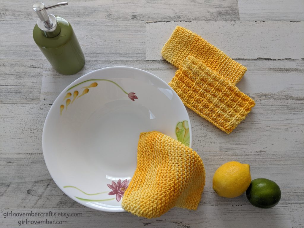 Girlnovember's Sunshine Yellow Dish Cloth Bundle - 3 dishcloths in a setting with a pretty bowl.