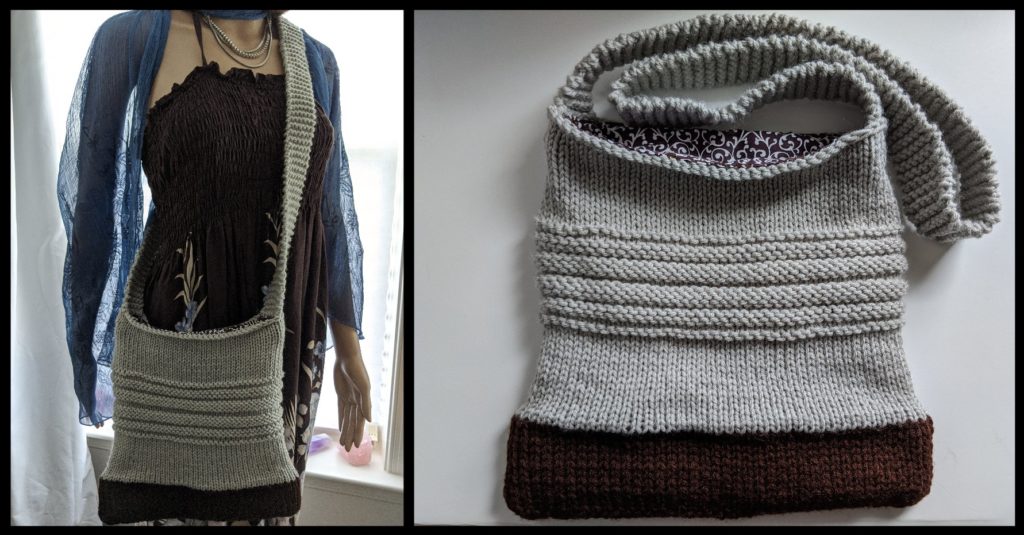 A hand knit crossbody bag in tan and brown with a long strap.