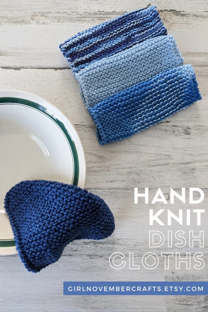 Photo: A white bowl, with a green stripe around the edge, and a dark blue dishcloth draped over the right edge. Three other blue washcloths are folded to the right of the bowl. Text: Hand Knit Dish Cloths. girlnovembercrafts.etsy.com