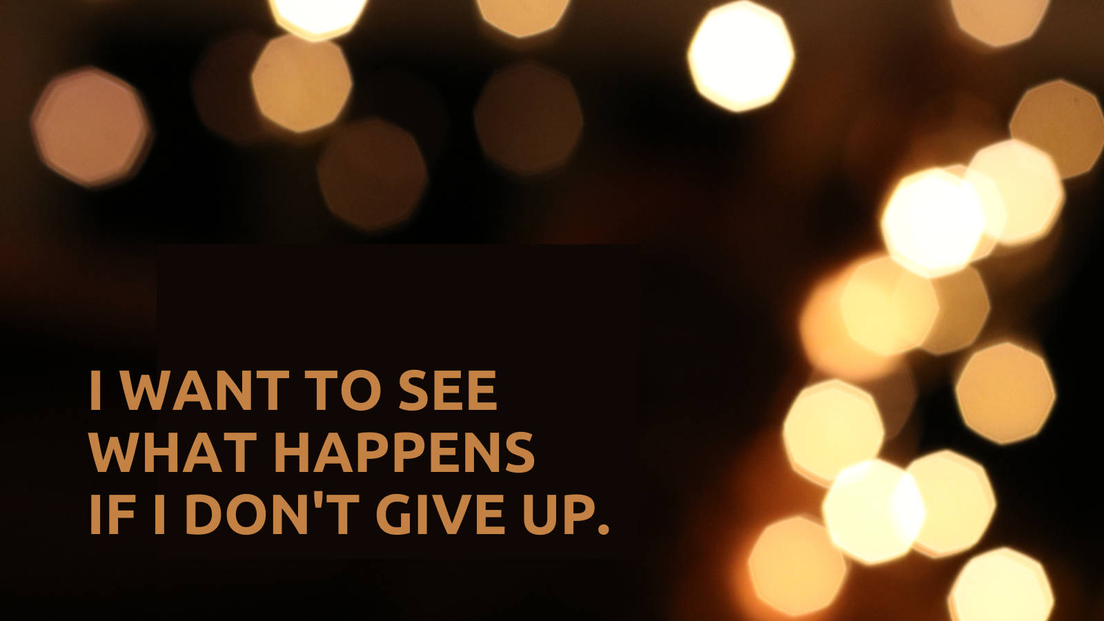 A dark brown background, and out of focus lights in various shades of gold, surrounding the text: I want to see what happens if I don't give up.