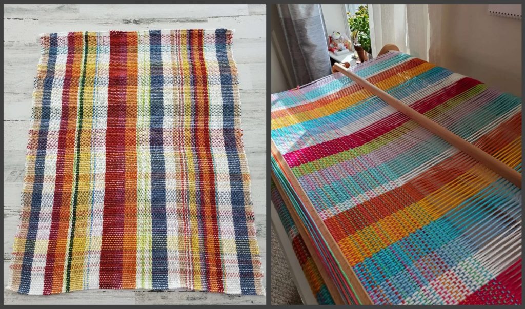 2 large weaving projects, both multicolor. Left project is a large cotton plain weave bath mat. The right project is still on the loom, using up as much acrylic yarn in bright colors as possible.